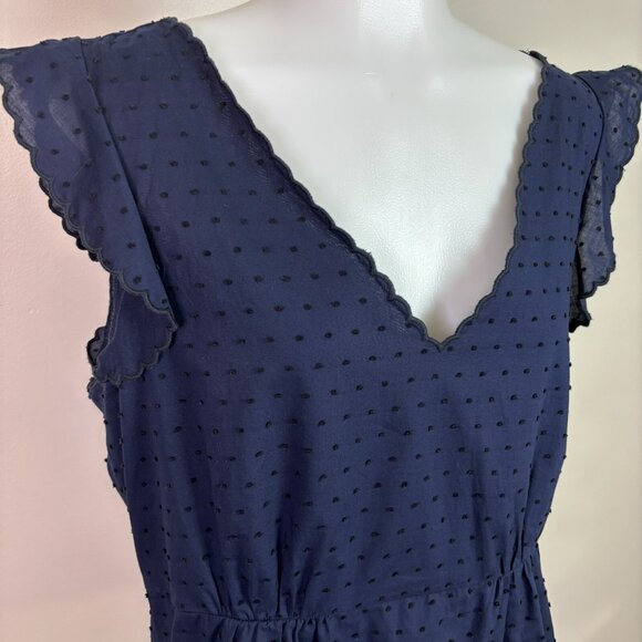 J. Crew Top 12 Navy Blue Swiss Dot Peplum Flutter Sleeve Scalloped V-Neck Blouse - Picture 2 of 11